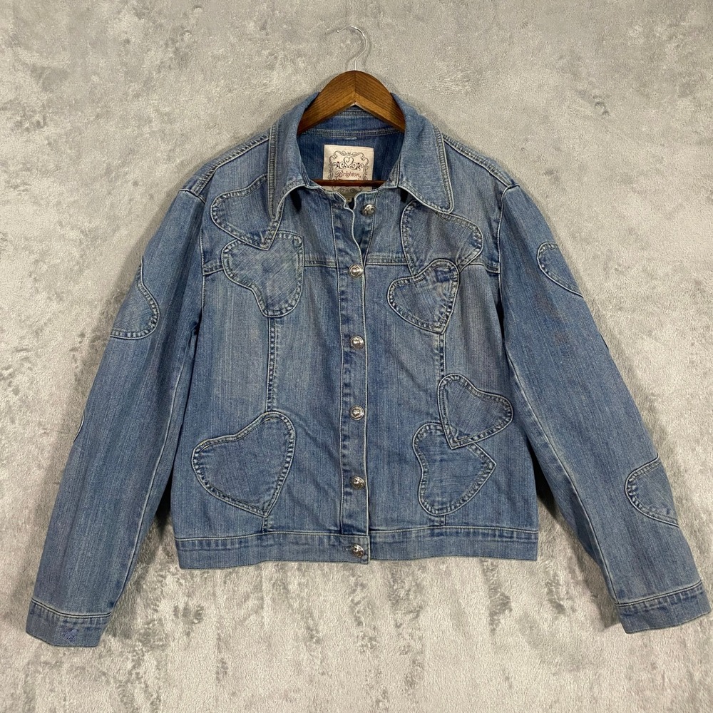 Brighton Denim Jacket Sz XL Blue Heart Motif Button Front Whimsical Boho Casual